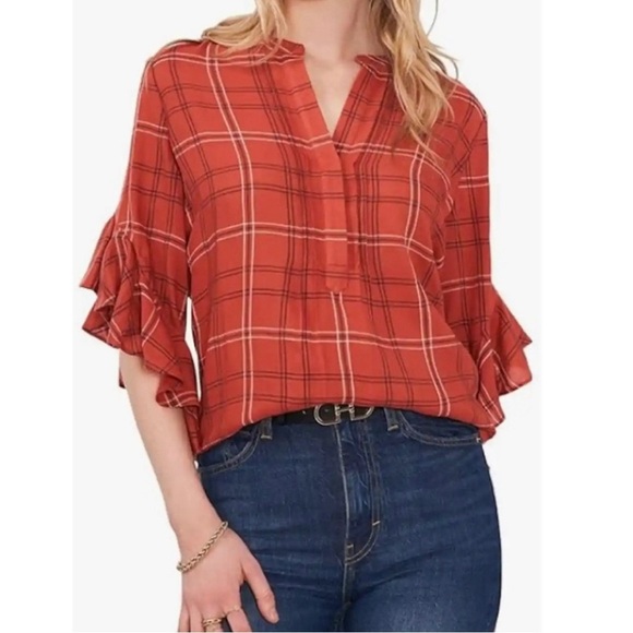 NWT $79 Vince Camuto Women’s Plaid Ruffle Sleeve Shift Size XS Apple Red - Picture 1 of 16